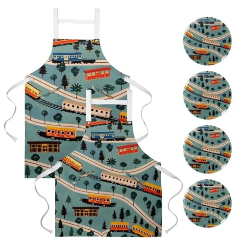 Lot de 2 tabliers de cuisine avec 4 broches motif train de campagne