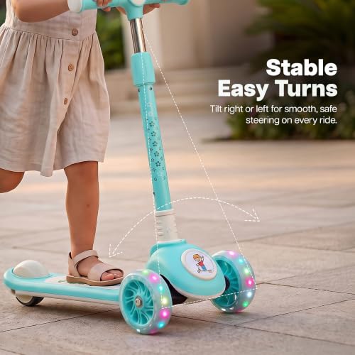 Image of Baybee Rydelle 3 Wheel Kick Scooter for Kids with LED Light Up Wheels & Music | Foldable, 3 Height Adjustable Kid Scooter Handle & Brake | Runner Scooters for Kids 2 to 10 Years Boys Girls (Blue)