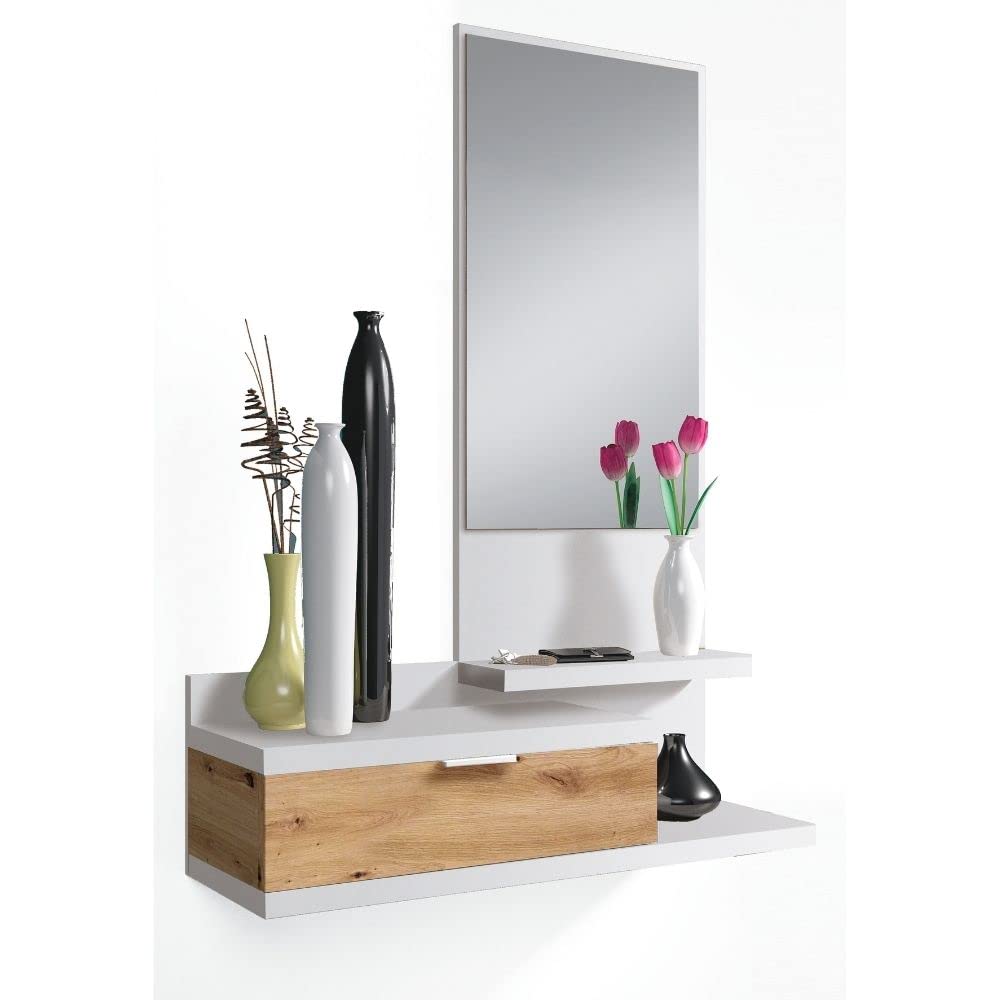 Mobelcenter, Recibidor con Espejo y Cajón, Color Blanco Artik y Roble Nodi, Medidas: Ancho: 81 cm x Fondo: 29 cm x Alto: 116 cm, Medidas Espejo: Ancho: 40 cm x Alto: 70 cm (1322)