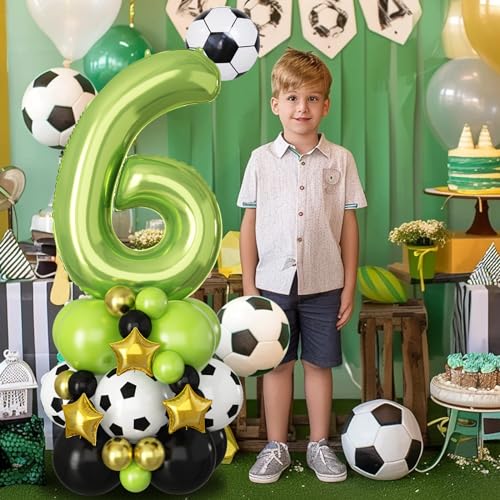 Image of 40 Inch Number 6 Balloon Green Soccer Number Six Foil Balloons Tower Set for Boys 6th Birthday Party Decorations Giant Large Digital Aluminum Balloons Stack for Football Lover World Sports Game