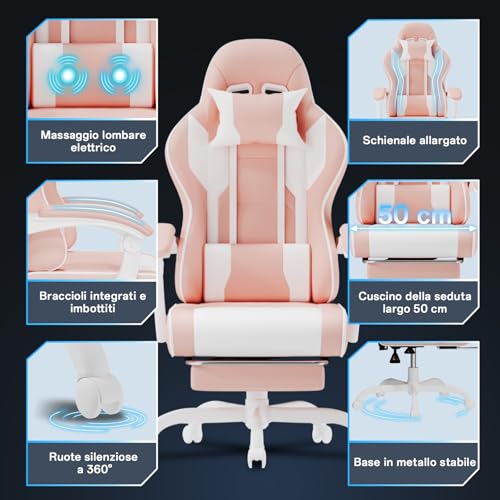 Sedia da gaming con poggiapiedi telescopico, schienale regolabile 90°-150°, sedia da gioco con poggiatesta e supporto lombare, sedia da ufficio, 150 kg (colore rosa) - Sedia gaming - Immagine 7