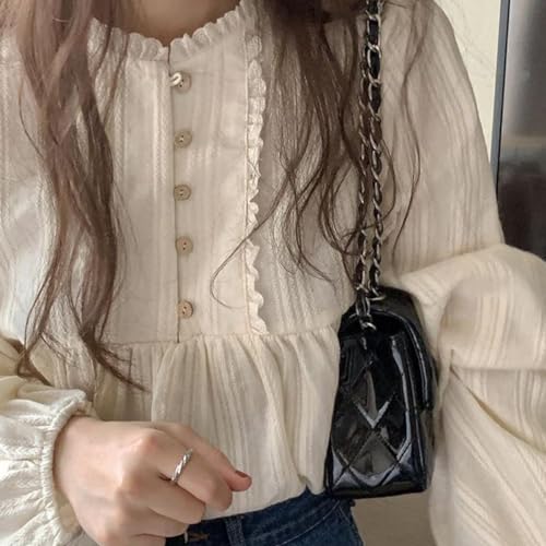 Korean Version of Women's Shirt, Women's Sweet Round Neck Pleated Small lace top, Women's Long Sleeved Shirt top2