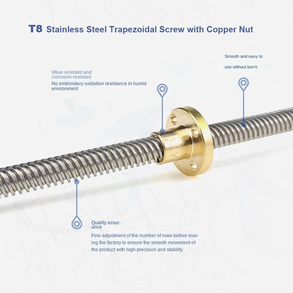 1 Stück T8 Leitspindel 8 mm Gewinde 1 mm 2 mm Blei 100–800 mm Trapezstange mit Kupfermutter