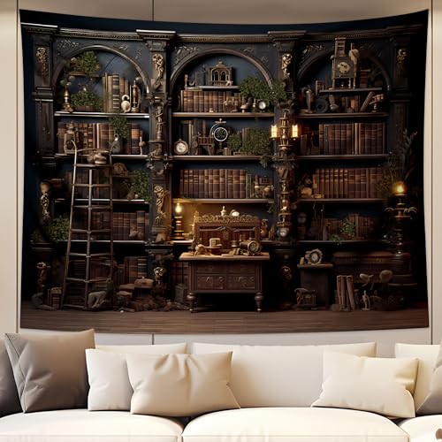 QGHOT Medieval Bookshelf Tapestry Vintage Bookcase Library Backdrop Old Books
