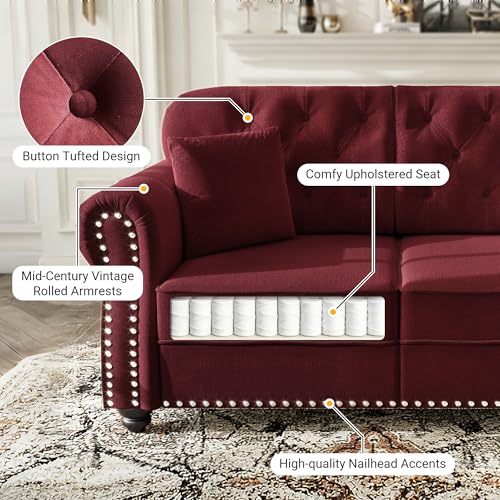 Image of KEIKI 41 inch Velvet Chesterfield Sofa with Rolled Arms & Nailhead Trim & 1 Ottoman, Modern 1-Seater Button Tufted Couch with High Resilience Cushion & 1 Pillow, Easy Assembly, for Living Room, Burgundy