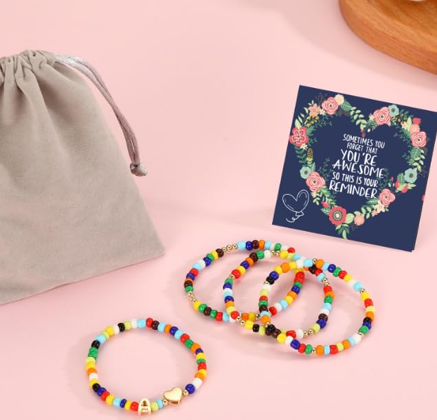 Image of 4PCS Initial Colorful Beaded Bracelets Initial Bracelets for Teen Girls Initial Colorful Beaded Bracelets Set Summer Boho Y2K Bohemian Stackable Letter A-Z Stretch Bracelets Birthday Jewelry Gifts(F)