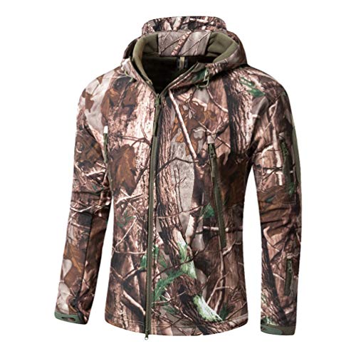YuanDiann - Giacca softshell da uomo, per autunno e inverno, militare, in pile, foderata, impermeabile, con cappuccio, per escursionismo e caccia, Camouflage bionico, M
