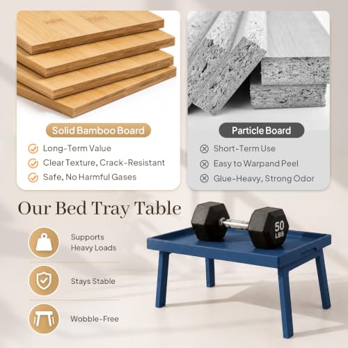 Image of Bamboo Bed Table Tray with Support Bar and Foldable Legs, Breakfast Food Trays Table for Bed Sofa Eating and Laptops, TV Lap Tray Table on Couch (Applied for Invention Patent)