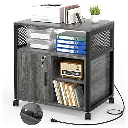 Unikito Rolling File Cabinet Lateral Office Filing Cabinets with Socket and USB Charging Port, Modern Printer Stand on Wheels Printer Cabinet with Door and Open Storage, Lockable, Black Oak