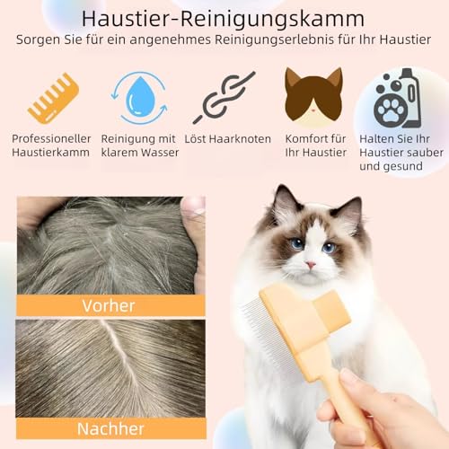 2025 New Fellblitz-BüRste,mit langen und kurzen Edelstahlmetallzähnen zum Entfernen von Haaren und Knoten,Selbstreinigender Haustierkamm,Geeignet für Hunde und Katzen(Orange)
