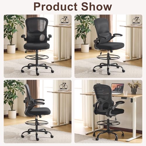 Image of Karl home Ergonomic Drafting Chair, Black | Lumbar Support, Flip-Up Armrests, Adjustable Height Footrest Ring, Breathable Mesh, Tall Swivel