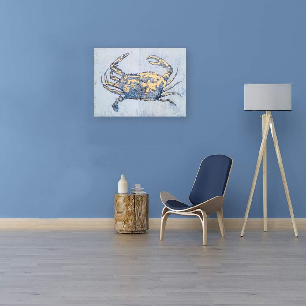 Yihui Arts Nautical Elegance Meets Retro Charm: Blue and Gold Foil Crab Diptych Wall Art for Timeless Home Decor