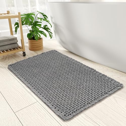 PADOOR Checkered Bath Mat, Super Absorbent Non Slip Bath Mats for Bathroom Floor 3D Woven Bathroom Mat with Tassels Machine Washable Bathroom Rugs Beside Tub, 24" x 36", Dark Grey Dark Grey