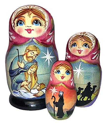 G.DeBrekht 14731 3 Piece Russian Matryoshka Wooden Stacking Nativity with Three Kings Nested Dolls