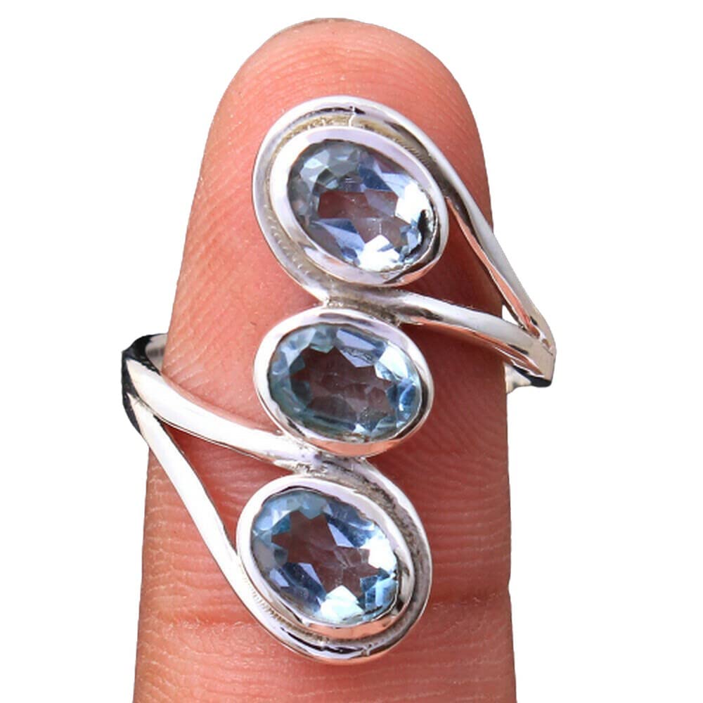 Blau-Topas 925 Sterling Silber Ringe für Damen, Blaue Brautjungfernringe, Ovale Edelsteinringe, 3-Steine Designer Ringe, Lünette Set Handgefertigte Ringe Muttertagsgeschenk