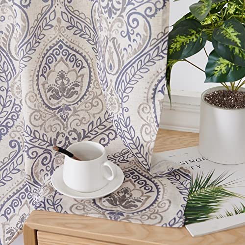 Jinchan Kitchen Curtains Tier Curtains Linen Blend Tiers Medallion Damask Design Flax Textured Retro Bedroom Window 2 Panels 36 Inches Long Blue On Beige #TOP6