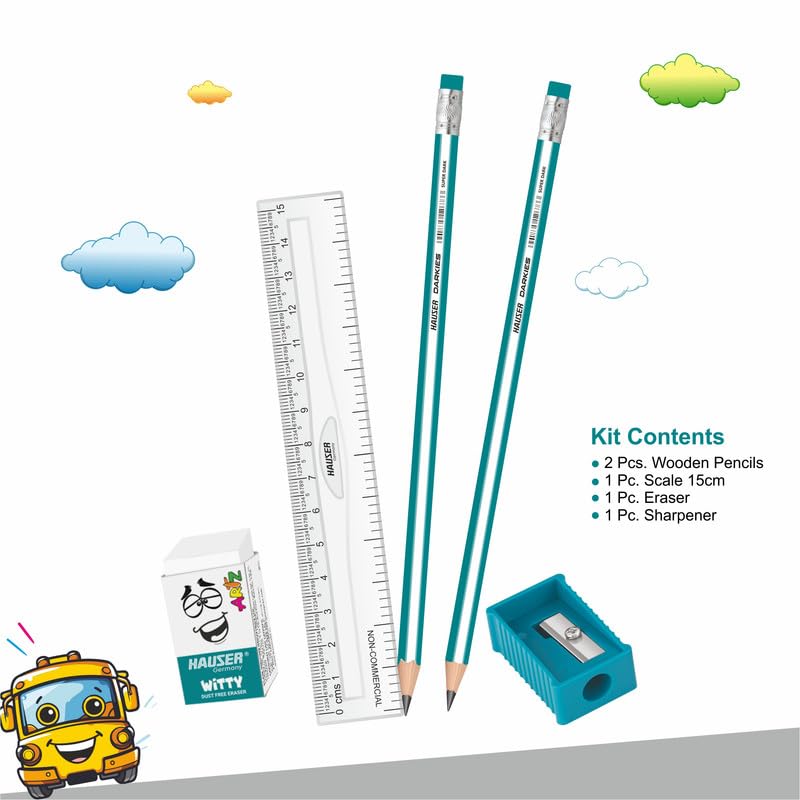 Image of Hauser Germany Skoola Mini Stationery Kit | All-in-One Stationery Solution for School, Office & College | Includes Pencil, Scale, Eraser & Sharpener | Ideal for Return Gifting | Pack of 10