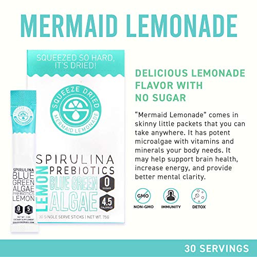 Squeeze Dried Mermaid Lemonade With Prebiotics And Lemon, All-Natural Spirulina, And Blue-Green Algae Powder, Non-Gmo And Gluten-Free Powder Sticks, Pack Of 30 #TOP3