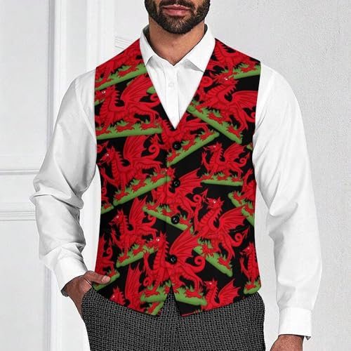 Dragon Badge of Wales Suit Vest for Men Waistcoat Dressy V Neck Button Down Sleeveless Business Jacket Coat4