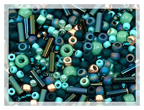 0.35oz (10g) Mix of Small Rocailles, Seed Beads & Bugles 2-10mm TOHO Japanese Glass Beads, Mix TOHO Teal Gold (Like 3222 - Tatsu Teal)