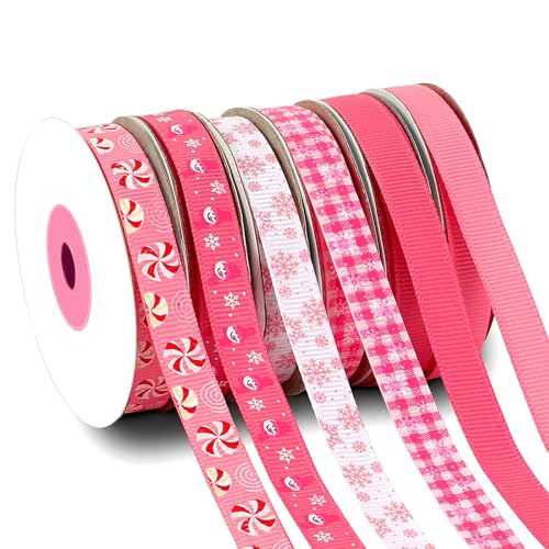DECYOOL Pink Christmas Ribbon 6 Rolls 60Yds Holiday Xmas Grosgrain Ribbons