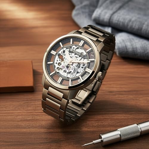 Image of Titan See-Through Skeletal Automatic Analog with Black Dial Copper Brown Stainless Steel Strap Watch for Men - 90220QM01