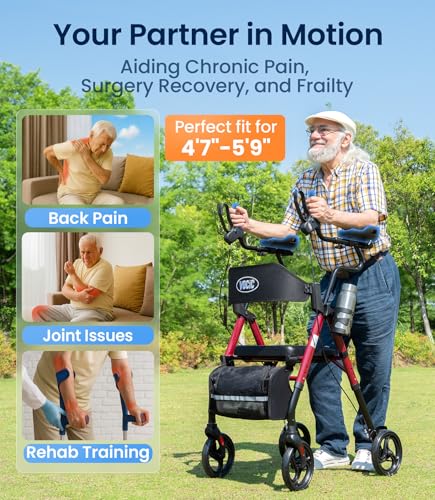 VOCIC Walkers for Seniors, Upright Walker with Adjustable Armrests, Z22 GelCool Stand Up Walker with Ergo Seat & Backrest, 8\" All Terrain Rollator with 300lb,Cup& Cane Holder
