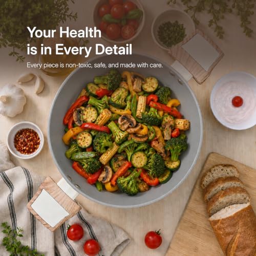 Image of Kreme Ceracook Ceramic Coated Granite 8 Pc Cookware Gift Set Casserole, Frying Pan, Kadai, Tawa, 2 Spatulas, ISI Certified, Forged, Gas & Induction, PFAS & PTFE Free,1 Yr Warranty, Olive Green