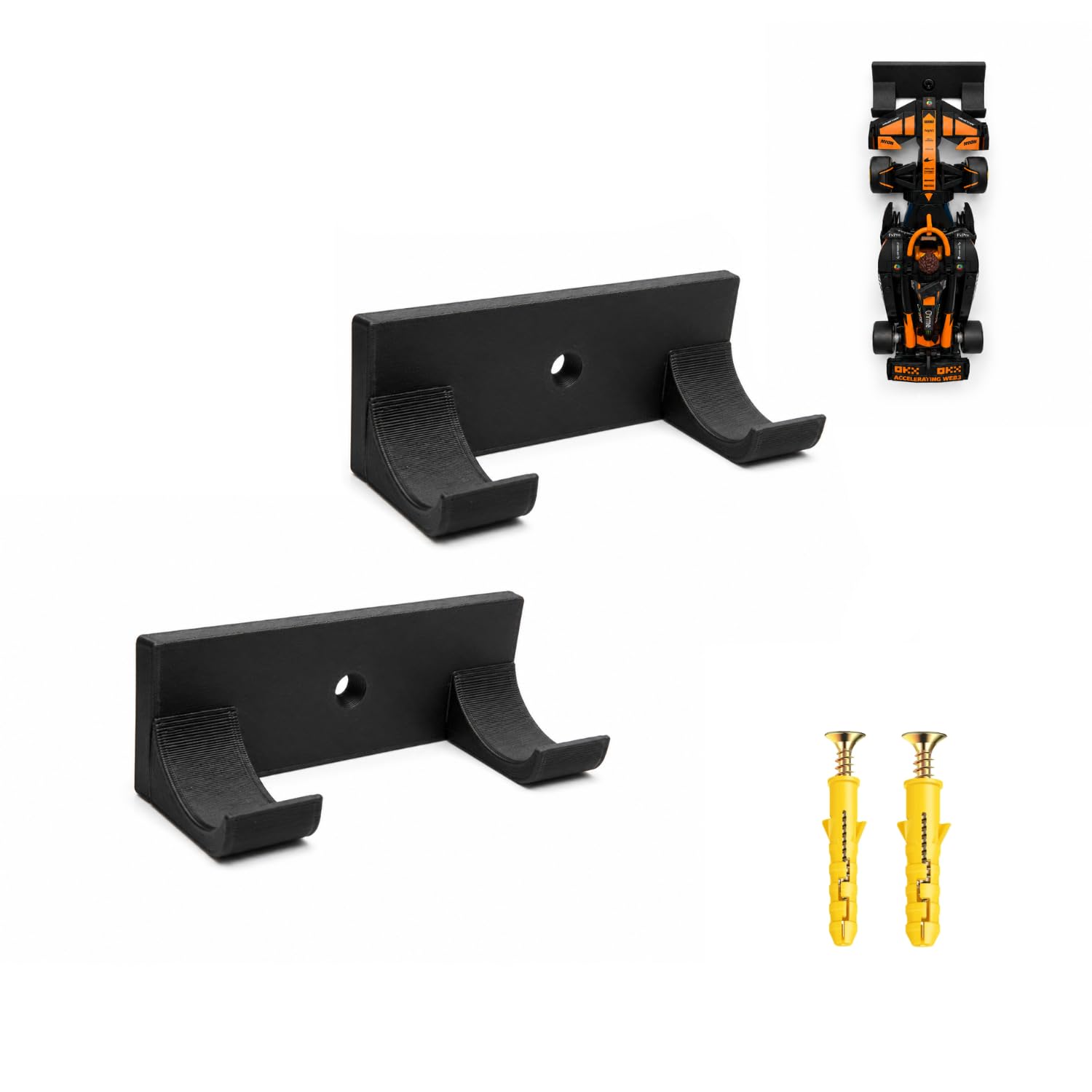 2 Pack F1 Car Wall Mount Compatible with Speed Champions Building Brick Cars | Racing Car Display with 3M VHB Easy Stick Tape & Screws | No-Drill Hanger for Collectible Toy Cars | Durable Bioplastic