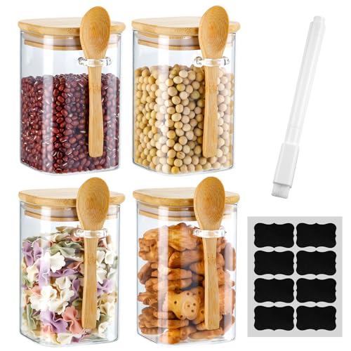 Dyserbuy 4 Pack Glass Jars with Bamboo Lids, 530ml Glass Storage Jar with Spoons, Mason Overnight Oats Jars for Coffee, Chocolate, Tea, Sugar, Spice and Salt