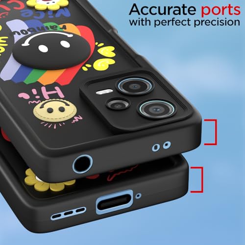 Image of Pikkme Back Cover for Redmi Note 12 | Soft Silicone| Cute Rainbow Smile & 3D Cartoon Flower Design | Shockproof Raised Camera Protection Bumper Case (Black)