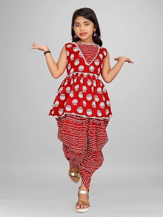 Image of Suhana Fashion Girls Dress Girls Cotton Kurti Top with Dhoti Kurta Set & Dupatta