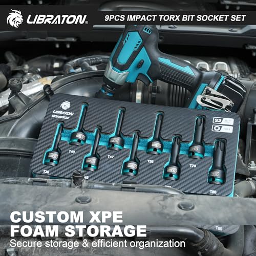 LIBRATON Impact Torx Bit Socket Set, 1/2" Drive, S2 Steel, 9PCS Impact Star Bit Socket Set (T30-T80), High Impact Torx Sockets, XPE Storage, Professional Mechanic and Automotive Repair