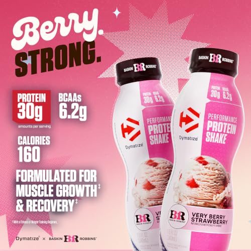 Image of Dymatize x Baskin Robbins, Performance Protein Shake, Very Berry Strawberry, 30g Protein, 6.2g BCAA for Muscle Recovery, No Added Sugar, Low Fat, 24 Vitamins & Minerals, Gluten-Free, On-the-Go Snack, 11.5 fl oz (12 Pack)