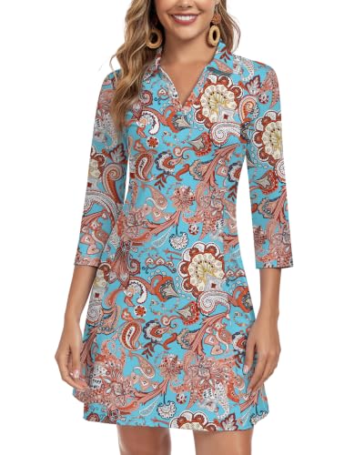 Image of WOWENY 3 /4 Sleeve Dress for Women with Pockets V Neck UPF 50+ Casual Sun Dress Breathable Quick Dry Beach Vacation