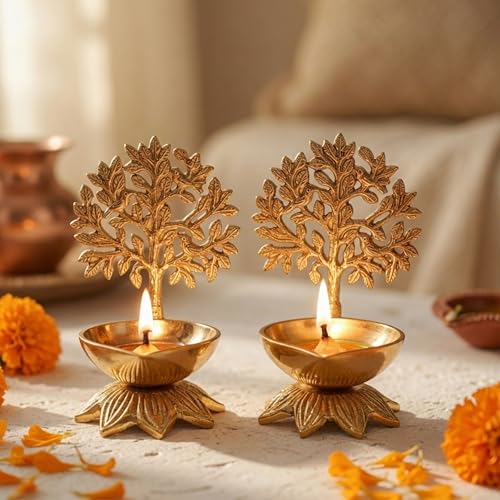 Image of Behoma 100% Pure Brass Kalpavriksha Diya for Puja - Set of 2 | Religious Deepak for Mandir, Temple, Office & Home Decoration | Handcrafted Life Tree Diya for Pooja Room & Housewarming Gift