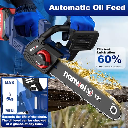 Image of NANWEI 12 Inch Chainsaw Cordless, 20V Brushless Motor, 2x4.0Ah Batteries and Charger, Auto Oiling, Tool-Less Adjustment, Lightweight Electric Chainsaw for Tree Pruning, Branch Cutting, Extra Chain