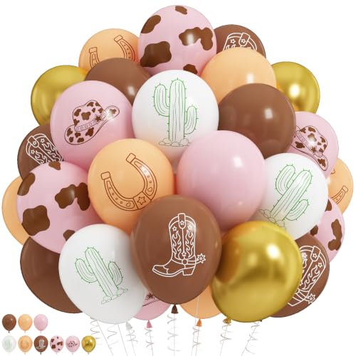 Image of Cowgirl Balloons, Dusty Pink Brown Cow Print Latex Balloons, Pink Cream Beige White Balloons for Cowgirl Girls Birthday My First Rodeo Western Baby Shower Yeehaw Country Farm Animals Party Decorations