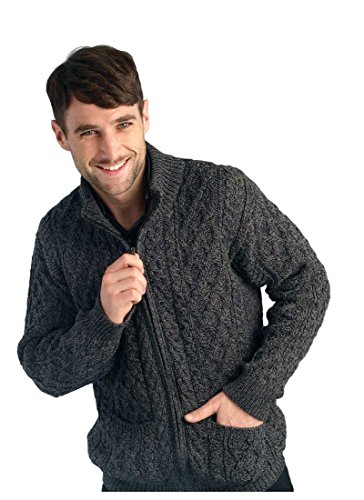 Aran Zip Cable Mens Cardigan Charcoal