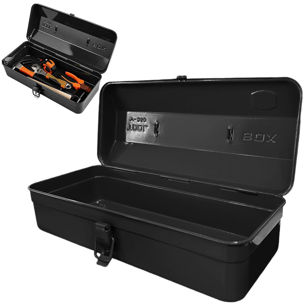 FARYODI Caja De Herramientas Multiusos Con Hebilla De Candado, 37x16x12 cm (Negro) | Caja de herramientas grande vacía de metal resistente y duradera con cierre para guardar y transportar accesorios