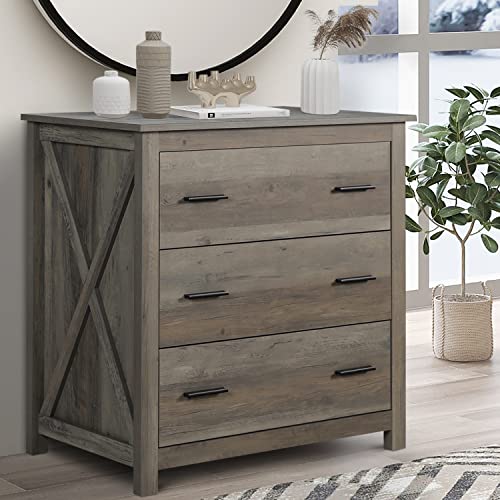 Image of Vikiullf Wooden Chest of Drawer - 3 Drawer Dresser for Bedroom, Farmhouse Dresser, Storage Drawers for Bedroom, Nursery, Living Room, Hallway, Entryway Organizer, Grey