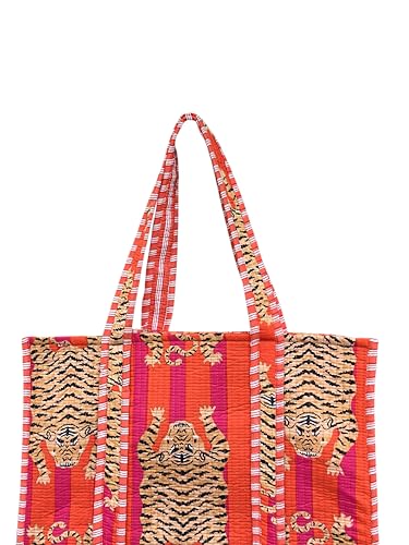 Image of Quilted Cotton Handprinted Reversible Large multicolor Floral Tote Bag,Hand Block Print Shopping Shoulder Carry Bag