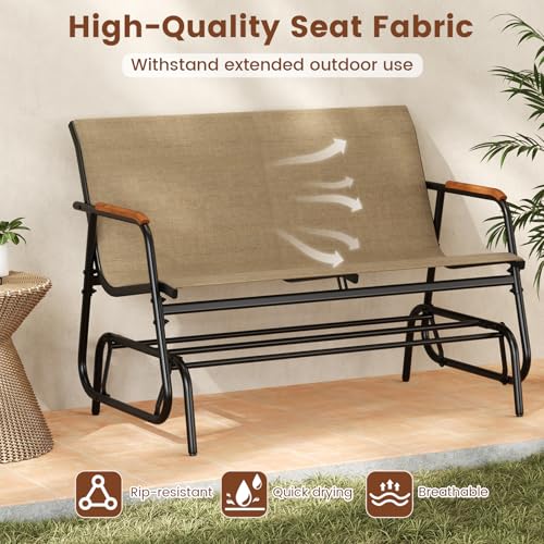 Image of Giantex Patio Glider Bench, 2-Person Swing Gliding Loveseat with Curved Teak Armrests, Fabric Seat, Metal Frame, Load 660lbs, Outdoor Rocking Chair for Porch, Yard, Poolside