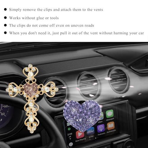 Image of 2 PCS Bling Car Vent Clip, Crystal Rhinestone Cross and Heart Car Air Fresheners Vent Clips, Diamond Car Air Conditioner Outlet Decoration Charm for Women, Car Accessories (Purple)