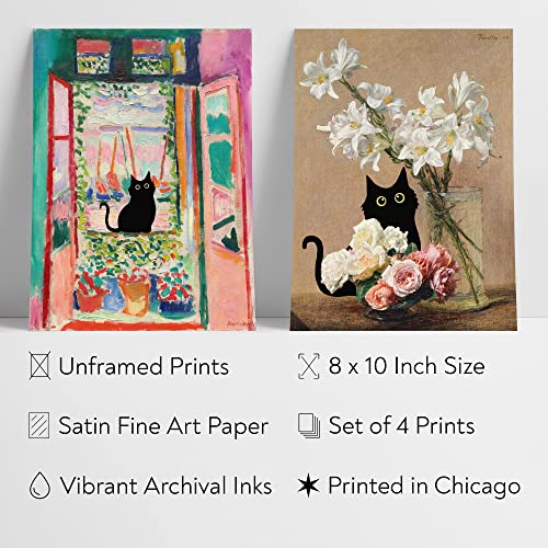 Funny Black Cat Wall Art Prints, Matisse, Monet, Van Gogh, Eclectic Aesthetic Decor, Unframed, 8X10 Inch #TOP1