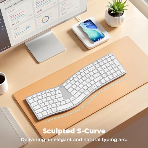 Image of MEETION Wireless Ergonomic Keyboard, Split S-Curve, Bluetooth & 2.4G, White | Rechargeable full-size keyboard with slim low-profile keys, Bluetooth and 2.4G wireless for Windows, Mac, PC and laptop
