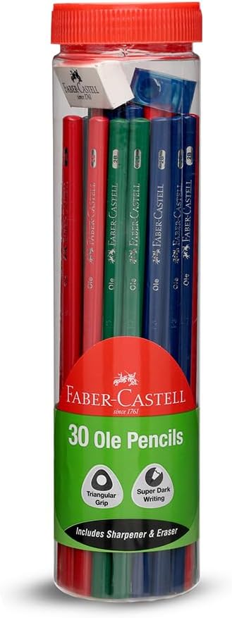 Faber-Castell 30 Ole Pencils Jar – Ergonomic Triangular Pencils with Sharpener & Eraser | Multicolor Set for Writing & Drawing