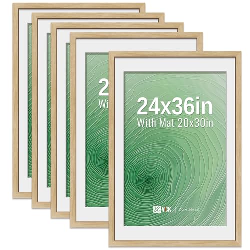 Image of VCK 24x36 Poster Frame 5 Pack, Oak Wood, 20x30 Mat, for Wall Art