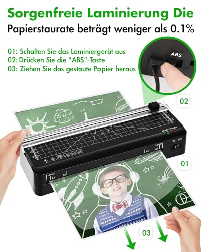 Laminiergerät A4 Laminiermaschine 70 Sek Schnelles Aufwärmen, Integrierter Fräser, Laminiergerät NTC Technologie mit 10 Laminierfolien für A4/A5/A6, für Büro, Zuhause und Schule