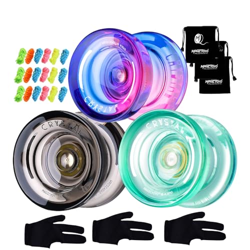 MAGICYOYO Pack of 3 Responsive Yoyos for Kids Beginners, K2 (Crystal YoYo with 3 Yo Yo Gloves, 3 Yo-yo Bags, 18 Yoyo Strings Green+ Black+ Purple Pink)